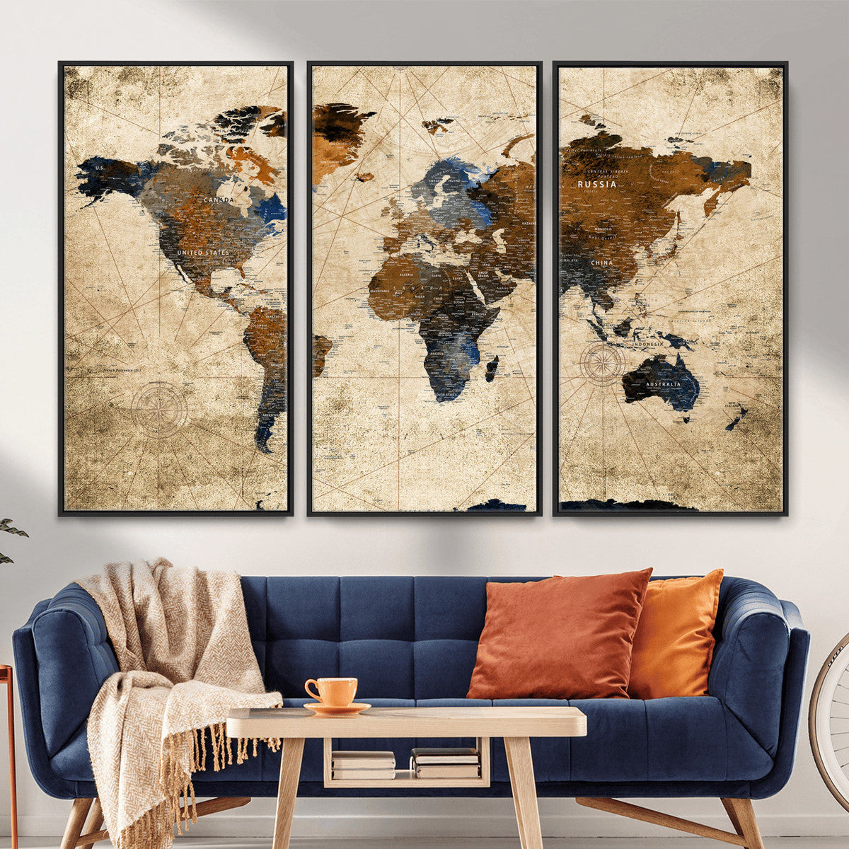 World Map Wall Art Canvas Print, Modern Decorative Framed