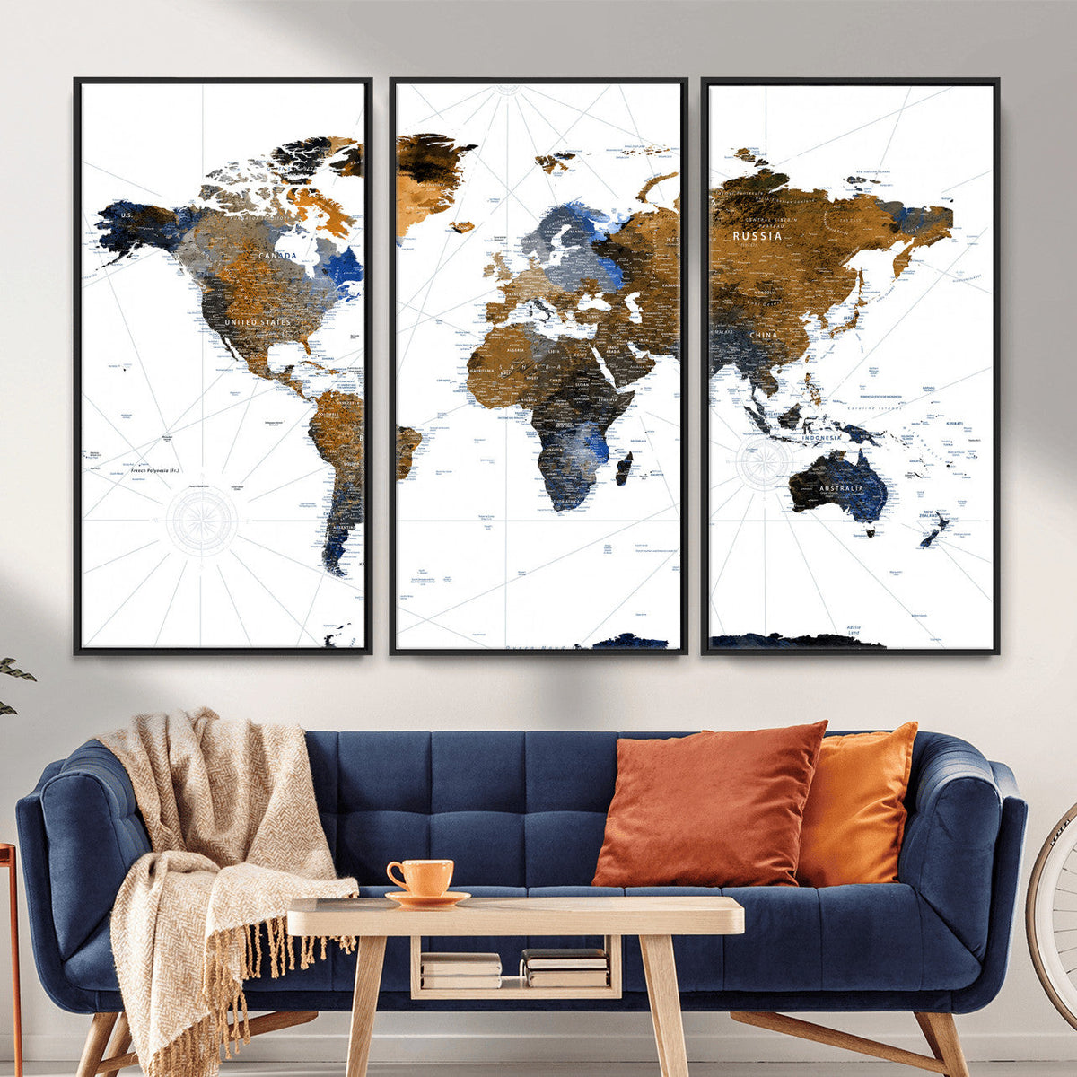 World Map Wall Art Canvas Print, Modern Decorative Framed
