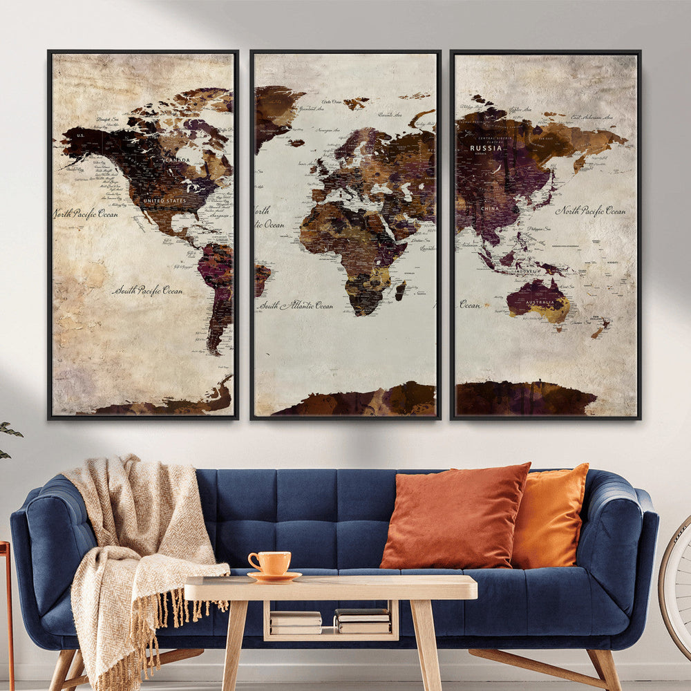 World Map Canvas Triptych – Colorful Global Wall Art for