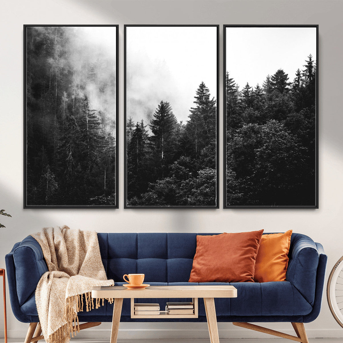 Black White Forest Wall Art Canvas Print, Misty Pine Tree