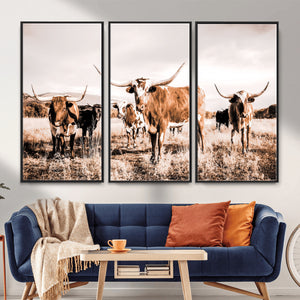 Texas Longhorn Cattle Wall Art Canvas Print, Sepia Western