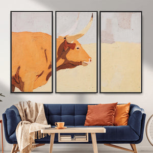 Minimal Longhorn Bull Wall Art Canvas Print, Neutral Western