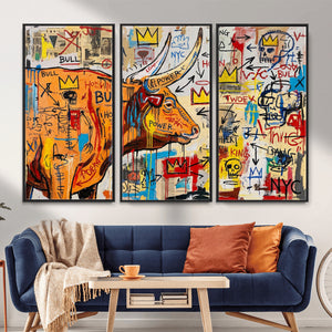 Basquiat Style Bull Graffiti Wall Art Canvas Print, Street
