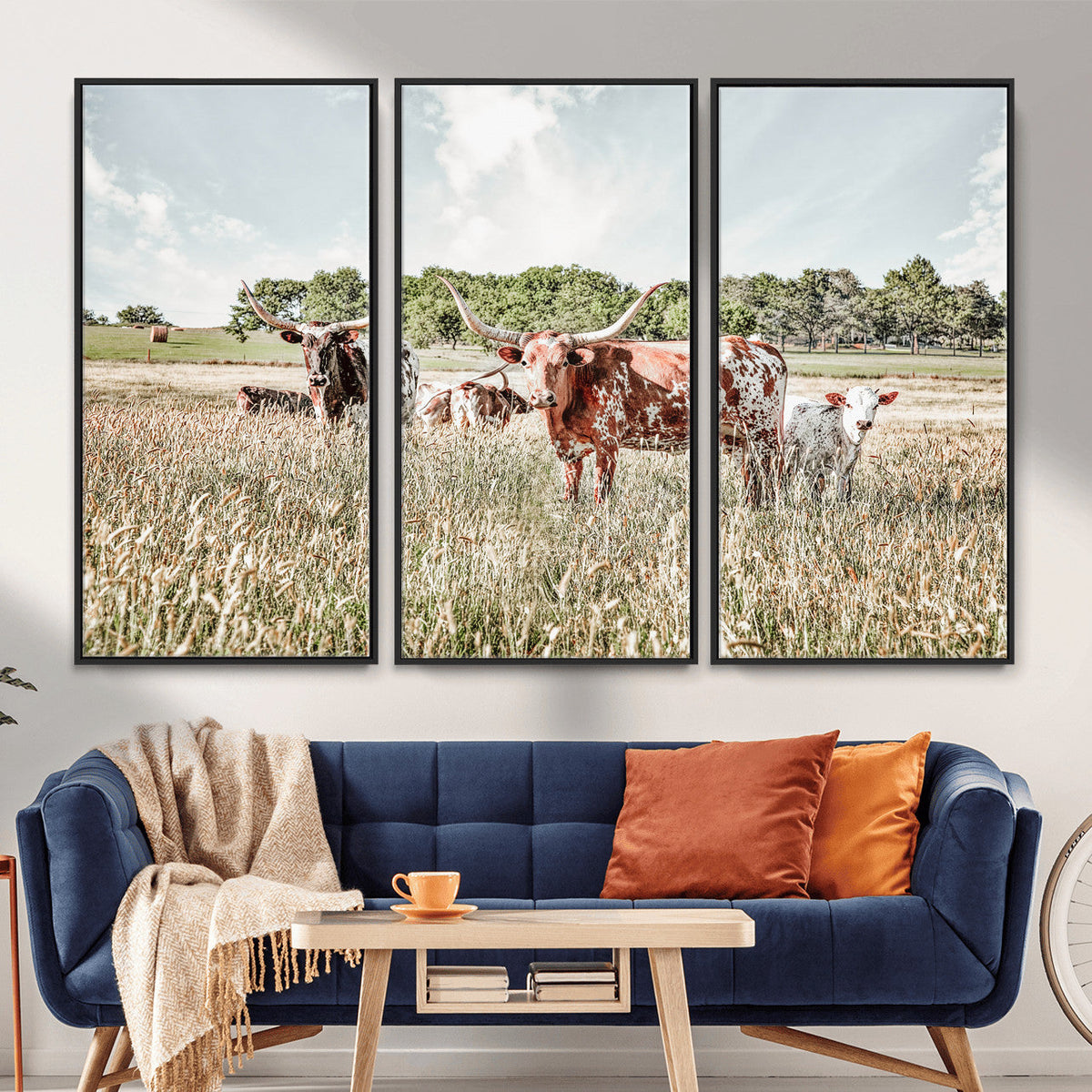 Texas Longhorn Cattle Wall Art Canvas Print, Rustic Ranch