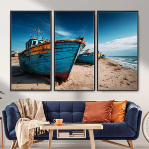 Coastal Fishing Boats Wall Art Canvas Print, Sunset Beach