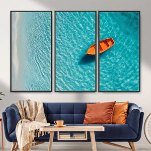 Minimalist Boat Wall Art Canvas Print, Aerial Sea Landscape