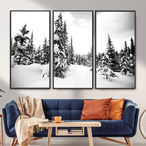 Black and White Snowy Pine Forest Wall Art Canvas Print,