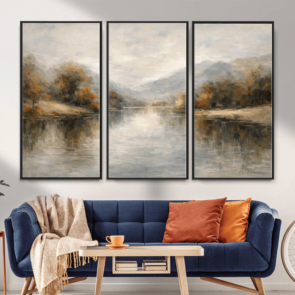 Neutral Abstract River Landscape Wall Art Canvas Print