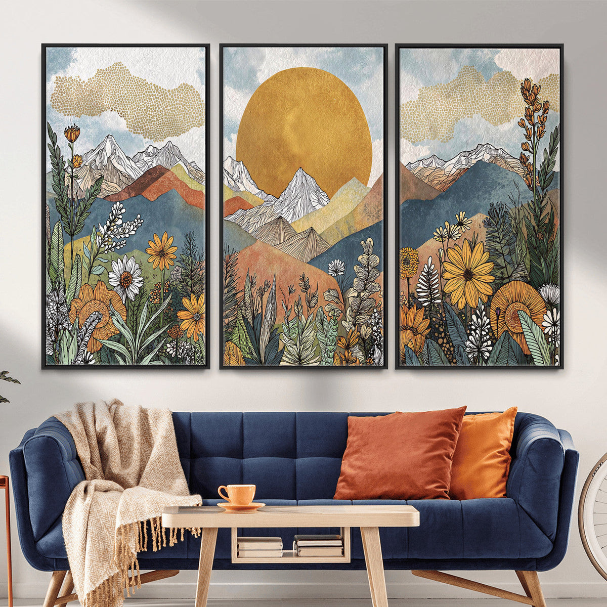 Boho Mountain Landscape Large Wall Art, Horizontal Gold