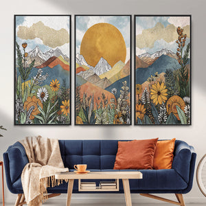 Boho Mountain Landscape Large Wall Art, Horizontal Gold