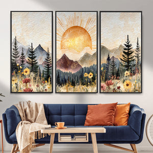 Boho Mountain Landscape Large Wall Art, Horizontal Gold