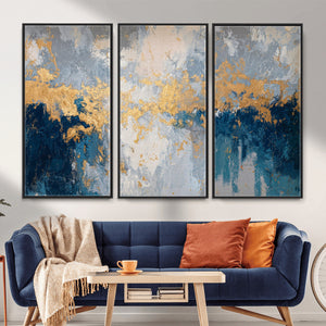 Blue Gold Abstract Large Framed Canvas Wall Art, Modern