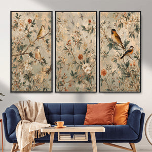 Vintage Birds and Flowers Wall Art Canvas Print, Botanical