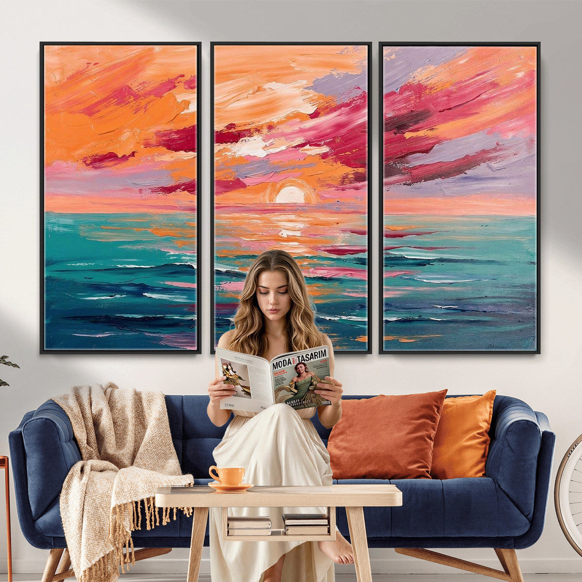Bold Palette Knife Ocean Sunset Canvas — Orange Pink Teal