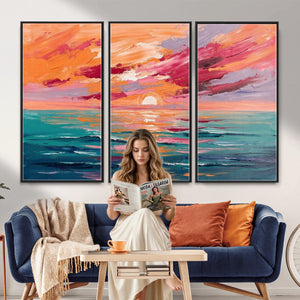Bold Palette Knife Ocean Sunset Canvas — Orange Pink Teal