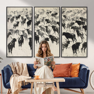 Longhorn Cattle Canvas Wall Art, Black White Stampede Ink