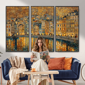 Gustav Klimt Golden Cityscape Wall Art Canvas Print, Framed