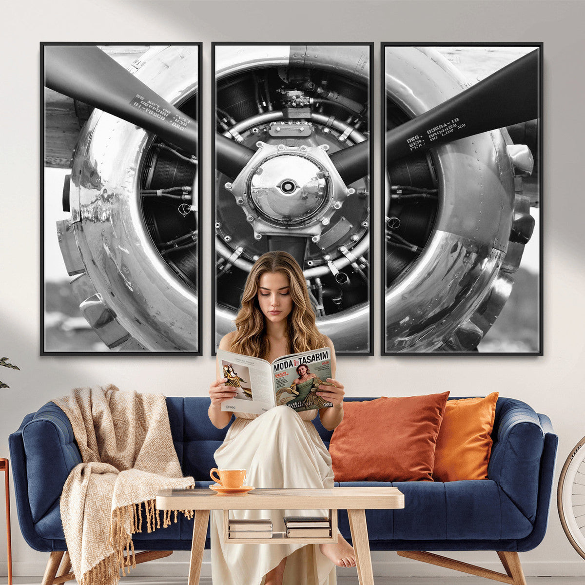 Vintage Propeller Plane Wall Art Canvas Print, Black and