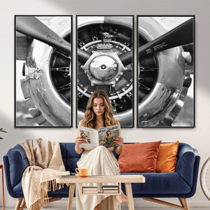 Vintage Propeller Plane Wall Art Canvas Print, Black and