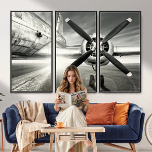 Vintage Airplane Wall Art Canvas Print, Black and White