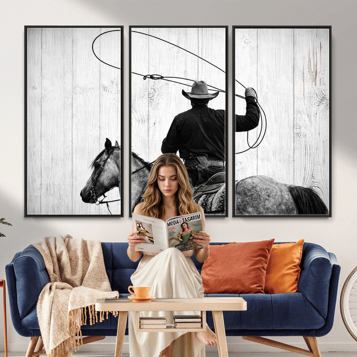 Cowboy Lasso Canvas Wall Art, Black White Western Horse