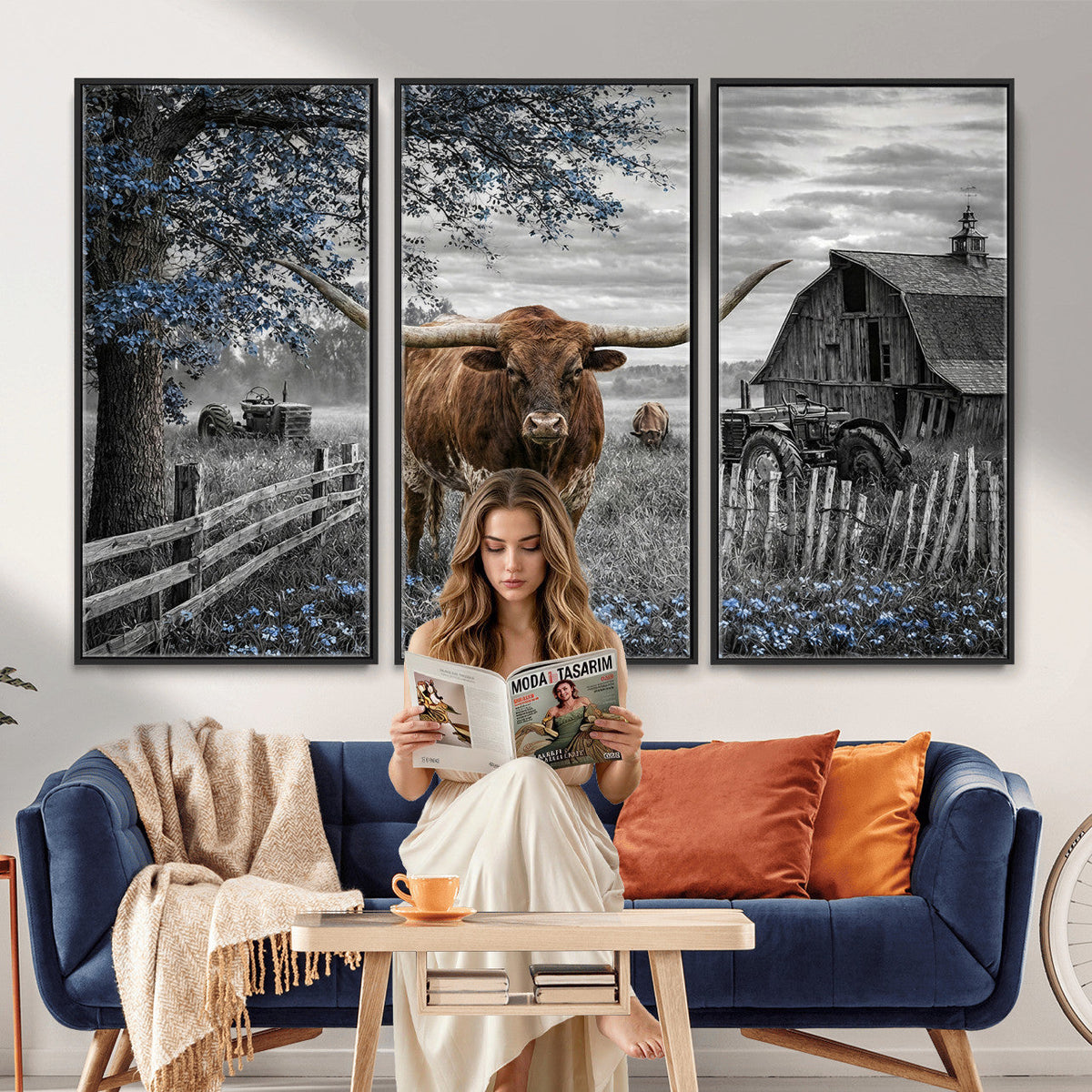 Texas Longhorn Canvas Wall Art, Rustic Farm Barn Bluebonnet