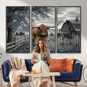 Texas Longhorn Canvas Wall Art, Rustic Farm Barn Bluebonnet