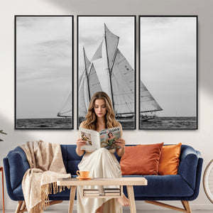 Vintage Sailboat Wall Art Canvas Print, Black and White