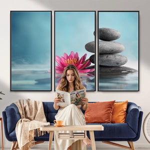 Zen Canvas Wall Art Lotus Flower Stacked Stones Teal Spa