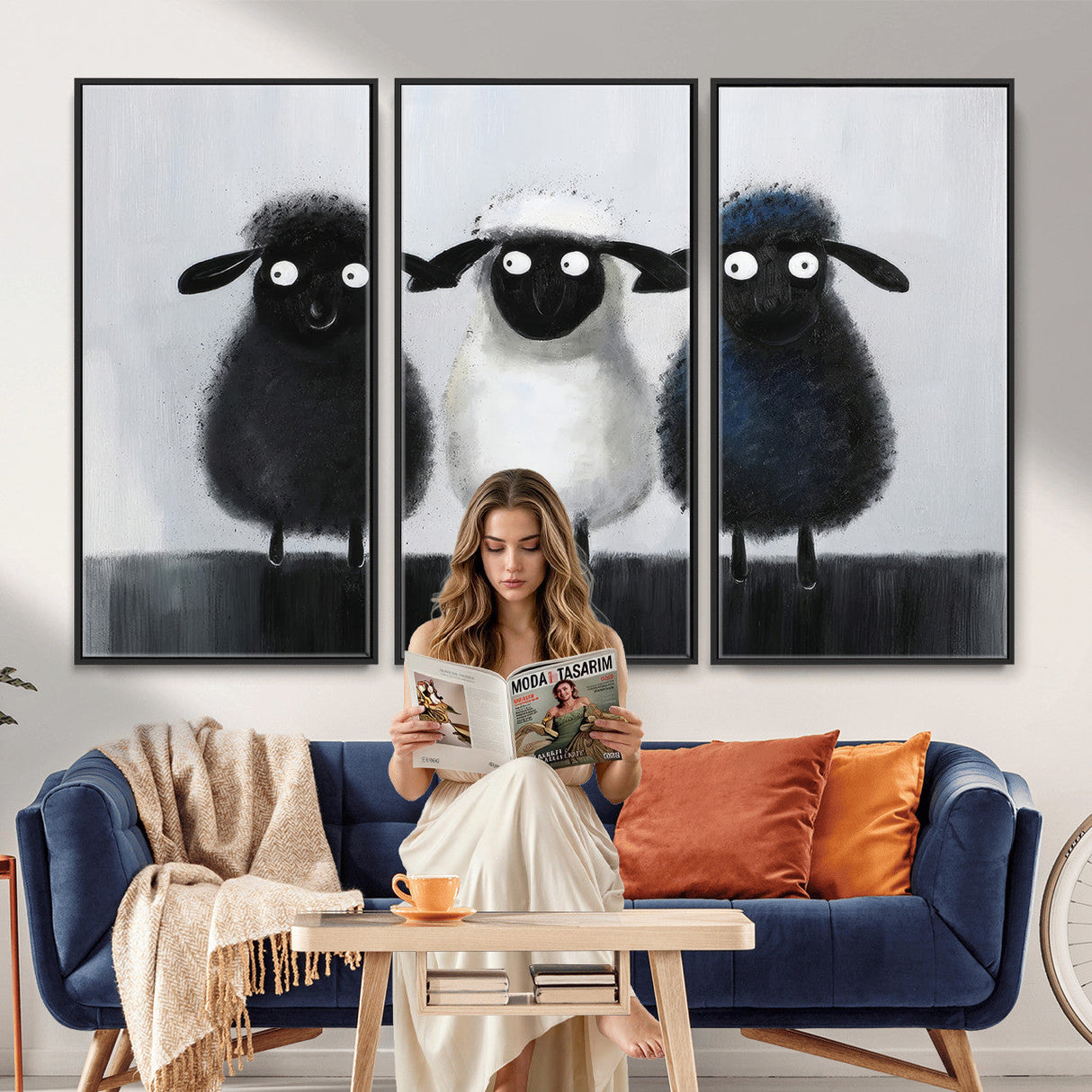 Funny Sheep Canvas Wall Art, Three Quirky Sheep Painting Print, Cute Animal Nursery Decor, Black White Navy Farmhouse Art, Kids Room Gift