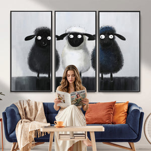 Funny Sheep Canvas Wall Art, Three Quirky Sheep Painting Print, Cute Animal Nursery Decor, Black White Navy Farmhouse Art, Kids Room Gift
