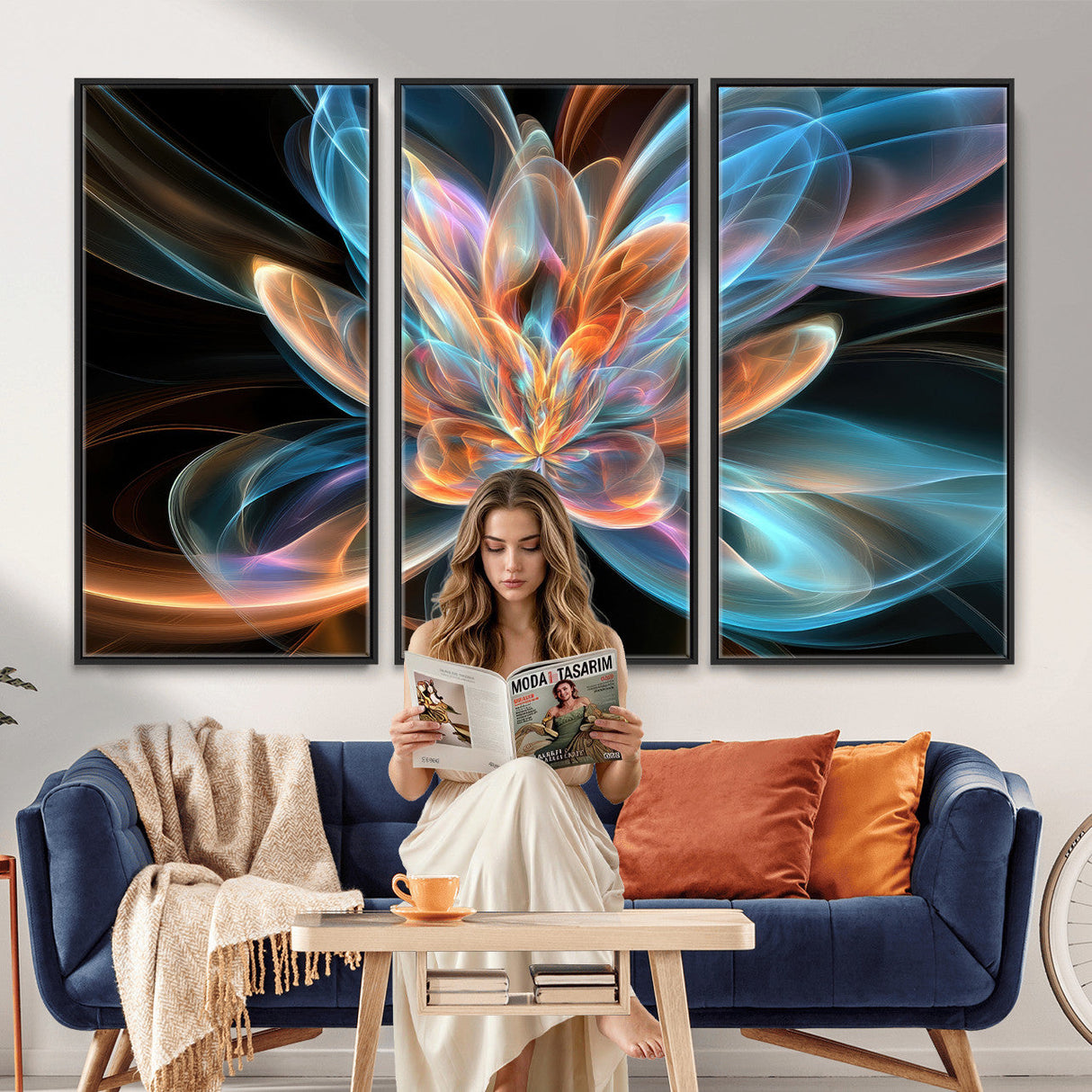 Fractal Lotus Canvas Wall Art, Blue Orange Glowing Flower Abstract Print, Modern Zen Meditation Room Decor, Ethereal Digital Art, Living Room