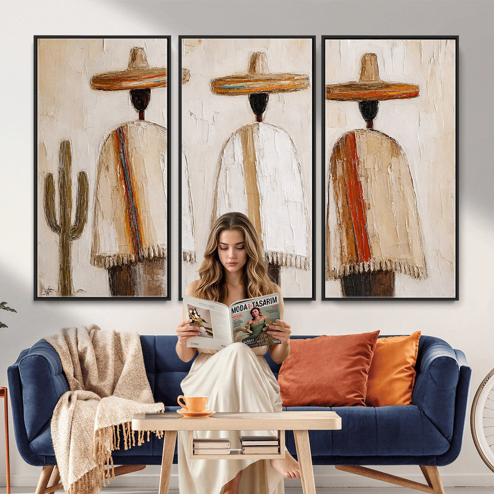 Mexican Wall Art Canvas Print, Southwestern Sombrero Poncho Painting, Neutral Earthy Boho Decor, Fiesta Living Room Art, Impasto Style Print