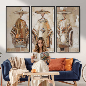 Mexican Folk Art Canvas Wall Art, Charro Poncho Sombrero Painting Print, Neutral Beige Boho Decor, Southwestern Impasto Style, Living Room Art