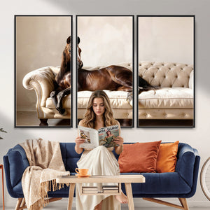 Funny Horse on Sofa Canvas Wall Art, Quirky Horse Lounging Photo Print, Whimsical Animal Decor, Living Room Conversation Art, Horse Lover Gift
