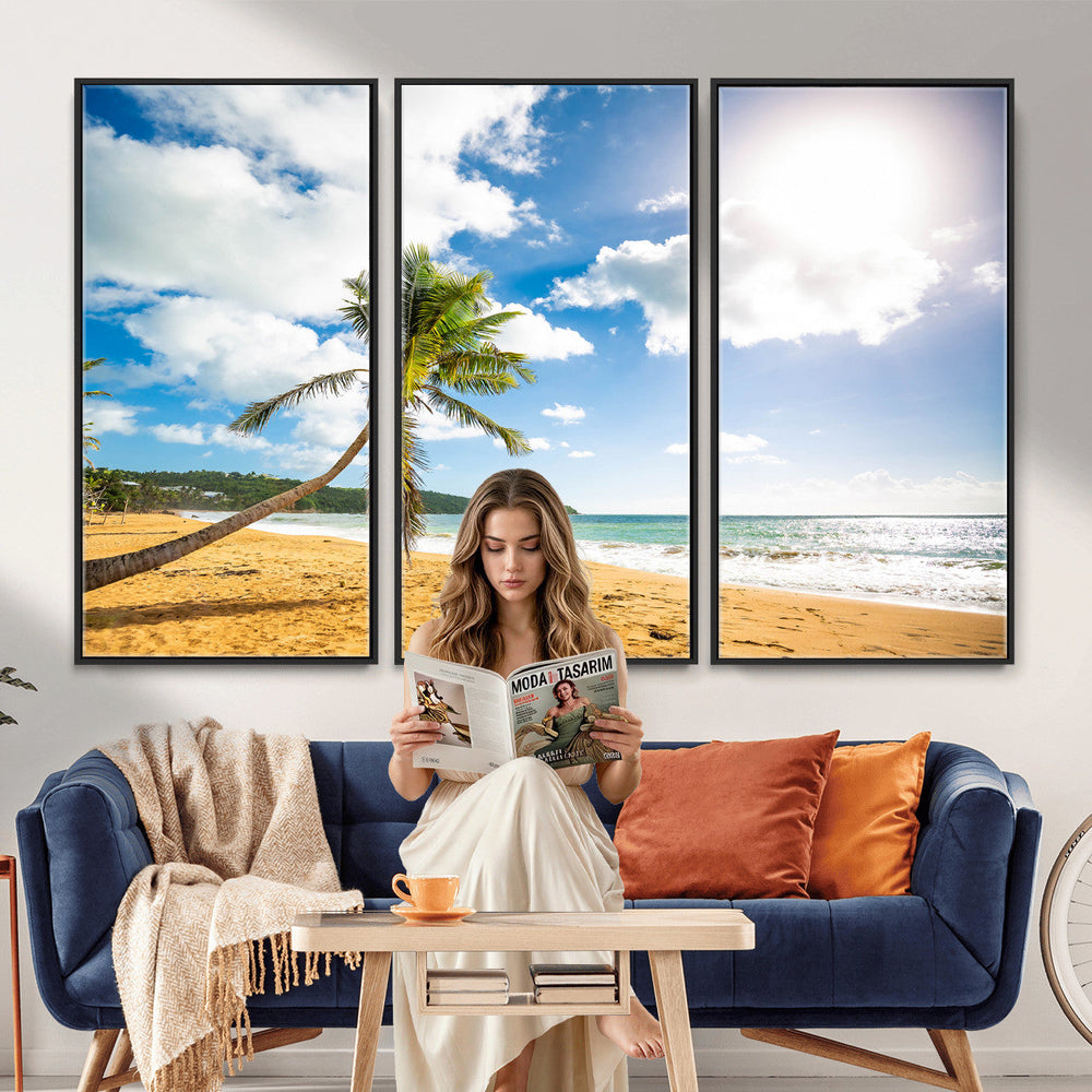 Tropical Beach Canvas Wall Art, Palm Tree Ocean Photo Print, Coastal Living Room Decor, Turquoise Sea Beach House Art, Summer Wall Art