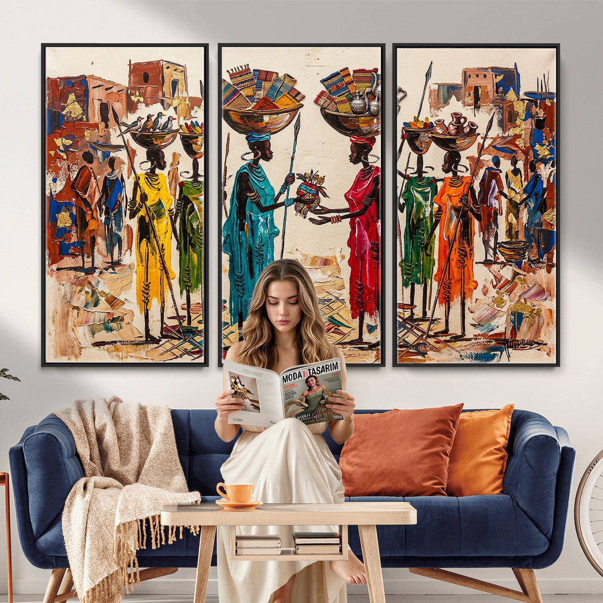 African Folk Art Canvas Wall Art, Colorful African Women Village Painting Print, Tribal Ethnic Home Decor, Vibrant African Art, Living Room