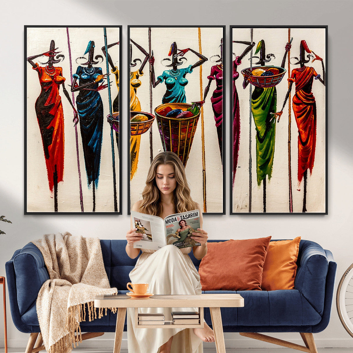 African Folk Art Canvas Wall Art, Colorful African Women Village Painting Print, Tribal Ethnic Home Decor, Vibrant African Art, Living Room
