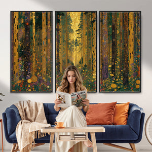 Gustav Klimt Style Forest Canvas Wall Art, Golden Forest Path Floral Art Nouveau Print, Enchanted Woodland Decor