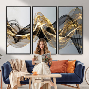 Black and Gold Abstract Wall Art, Modern Wave Canvas Print, Elegant Flowing Smoke Art, Luxury Living Room Decor