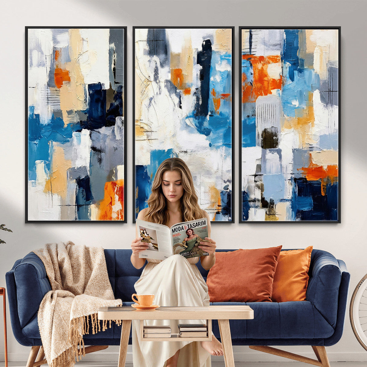 Blue Teal Abstract Canvas Wall Art, Modern Textured Painting Print, Navy Orange White Contemporary Art, Neutral Living Room Decor, Office Art