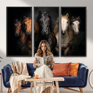 Horse Wall Art Canvas Print, Wild Horses Portrait Photography, Dramatic Equestrian Decor, Black Brown White Horse Herd, Rustic Ranch Art