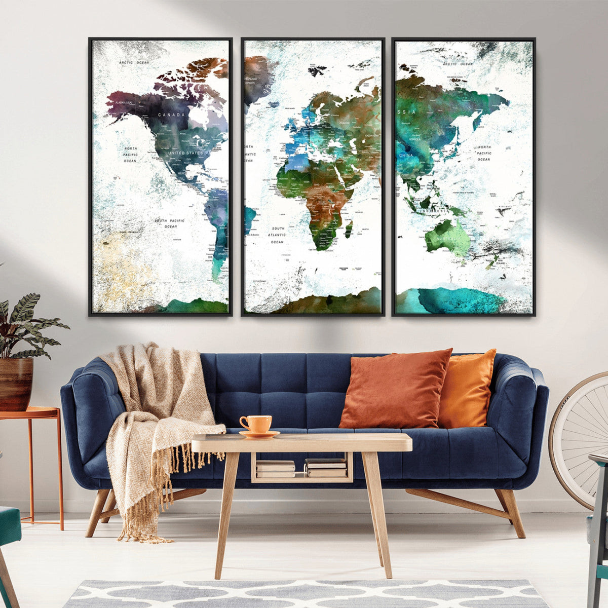 Modern Watercolor World Map Canvas Wall Art – Framed