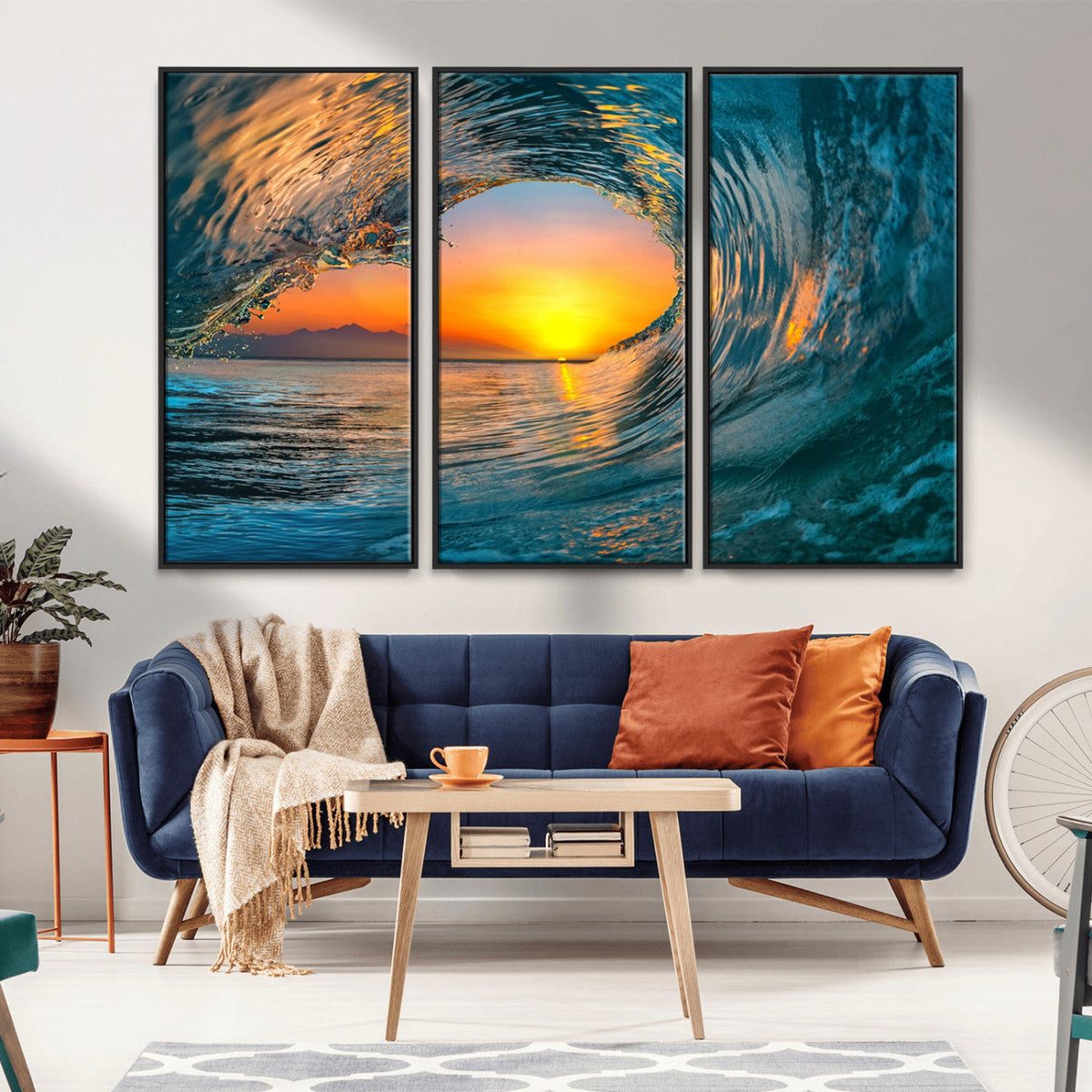 Ocean Wave Sunset Wall Art | Large Coastal Wave Canvas Print