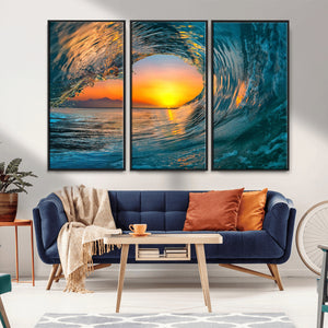 Ocean Wave Sunset Wall Art | Large Coastal Wave Canvas Print