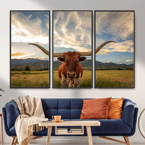 Texas Longhorn Canvas Wall Art – Majestic Triptych Animal