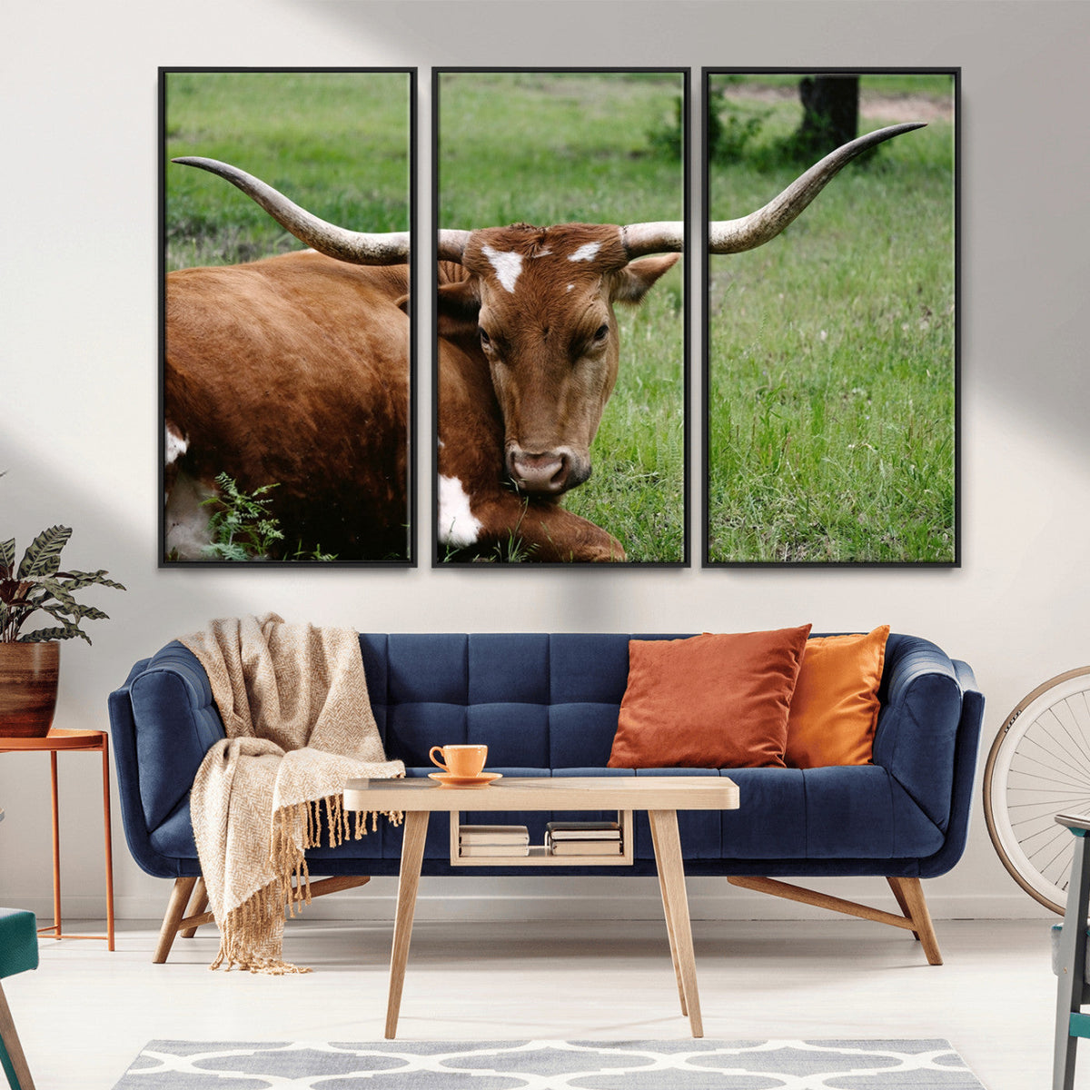 Longhorn Steer Canvas Wall Art – Rustic Nature Triptych