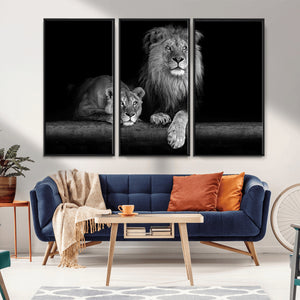 Large Black and White Lion Couple Wall Art Canvas Print –