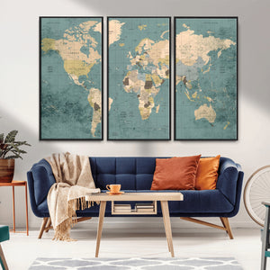 Classic World Map Canvas Print – Framed Vintage Map Wall