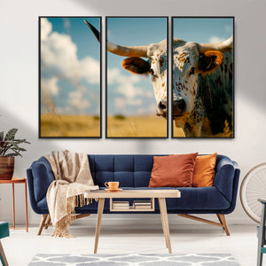 Longhorn in the Prairie - Stunning Ranch-Style Triptych Wall